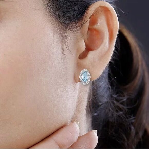 Blue Topaz and Simulated Diamond 1.85 ctw Earrings in Sterling Silver - Picture 4 of 9